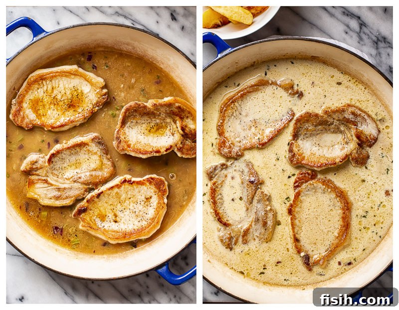 Pork chops being seared in a pan, a crucial step for building flavor before braising in apple cider cream sauce