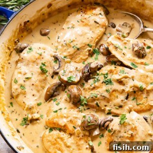 Creamy Garlic Mushroom Chicken 7 Chicken breasts in mushroom sauce, ready to be served.