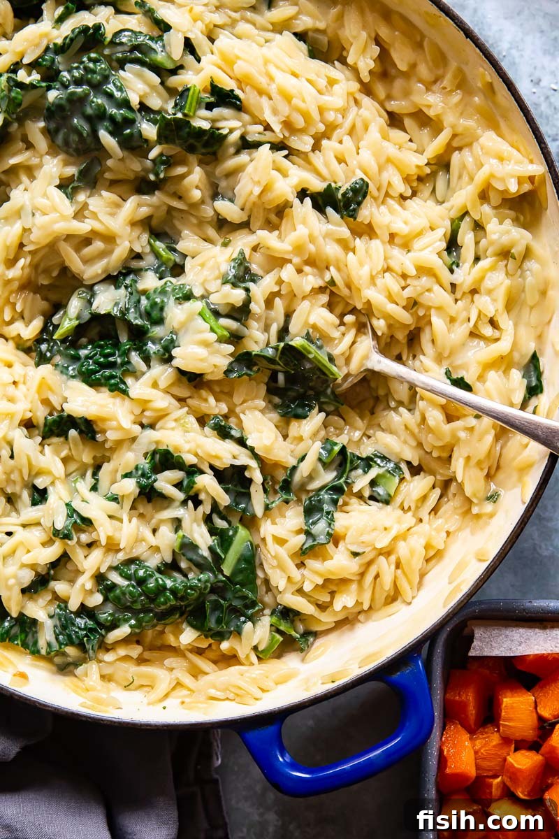 Golden Butternut and Creamy Orzo 3 A vibrant bowl of creamy orzo pasta mixed with bright green kale, topped with golden roasted butternut squash pieces, ready to be served and enjoyed.