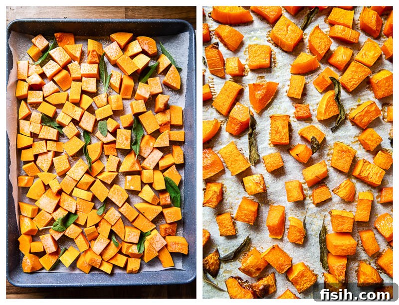 Golden Butternut and Creamy Orzo 4 A visual comparison showing raw, peeled, and cubed butternut squash alongside a baking sheet of roasted butternut squash with sage leaves, demonstrating the preparation and cooking process.