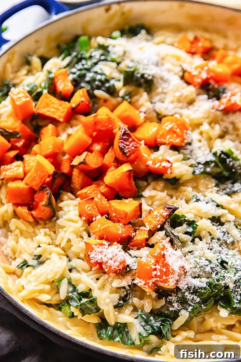 Golden Butternut and Creamy Orzo 6 A serving of creamy orzo pasta, elegantly topped with golden-roasted butternut squash cubes and a generous sprinkle of freshly grated Parmesan cheese, ready for enjoyment.