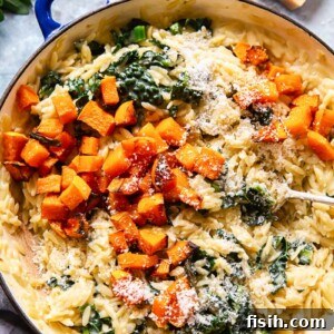 Golden Butternut and Creamy Orzo 7 Orzo pasta with roasted butternut squash, kale and Parmesan cheese