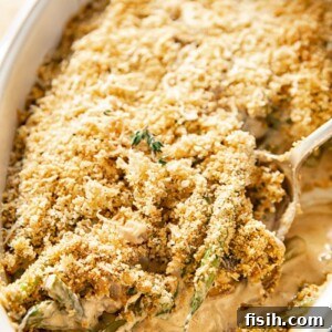 Green Bean Casserole covered with Parmesan breadcrumbs