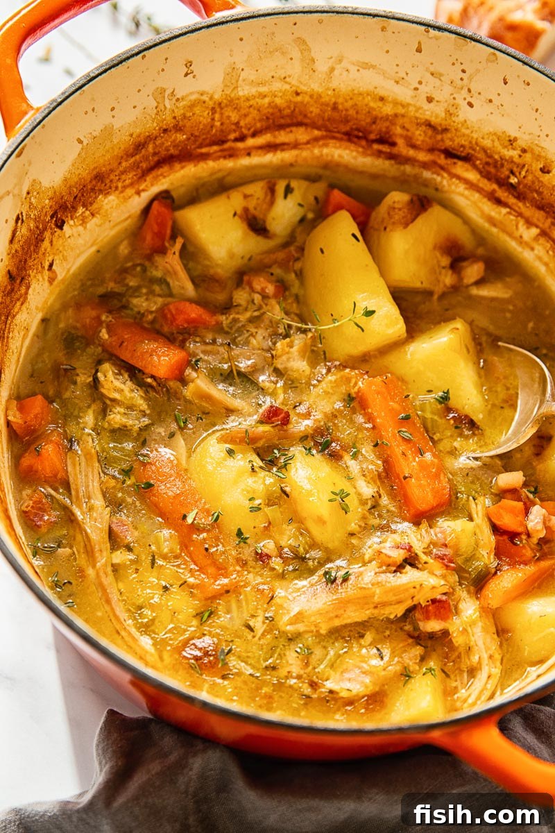 Hearty turkey stew with leeks, carrots, and potatoes, presented in a rustic pot, dairy free option