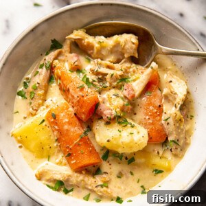 creamy turkey stew with carrots and potatoes in grey bowl, ready to serve