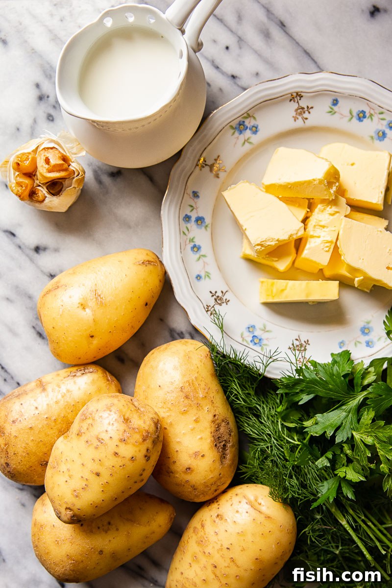 Savory Garlic Herb Mash 3 Ingredients for herby mashed potatoes: potatoes, butter, milk, fresh herbs, and roasted garlic.