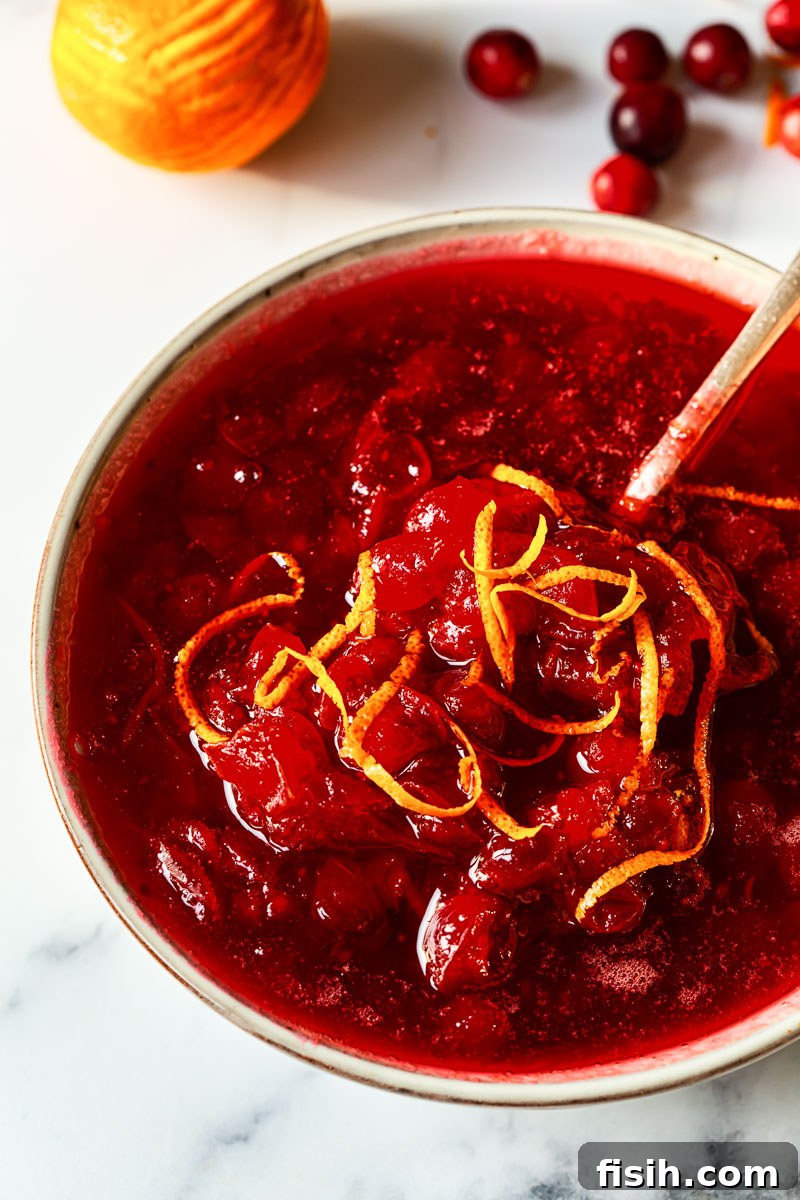 Port Infused Cranberry Sauce 2 Homemade cranberry sauce sprinkled with fresh orange zest, ready to serve with a holiday roast.