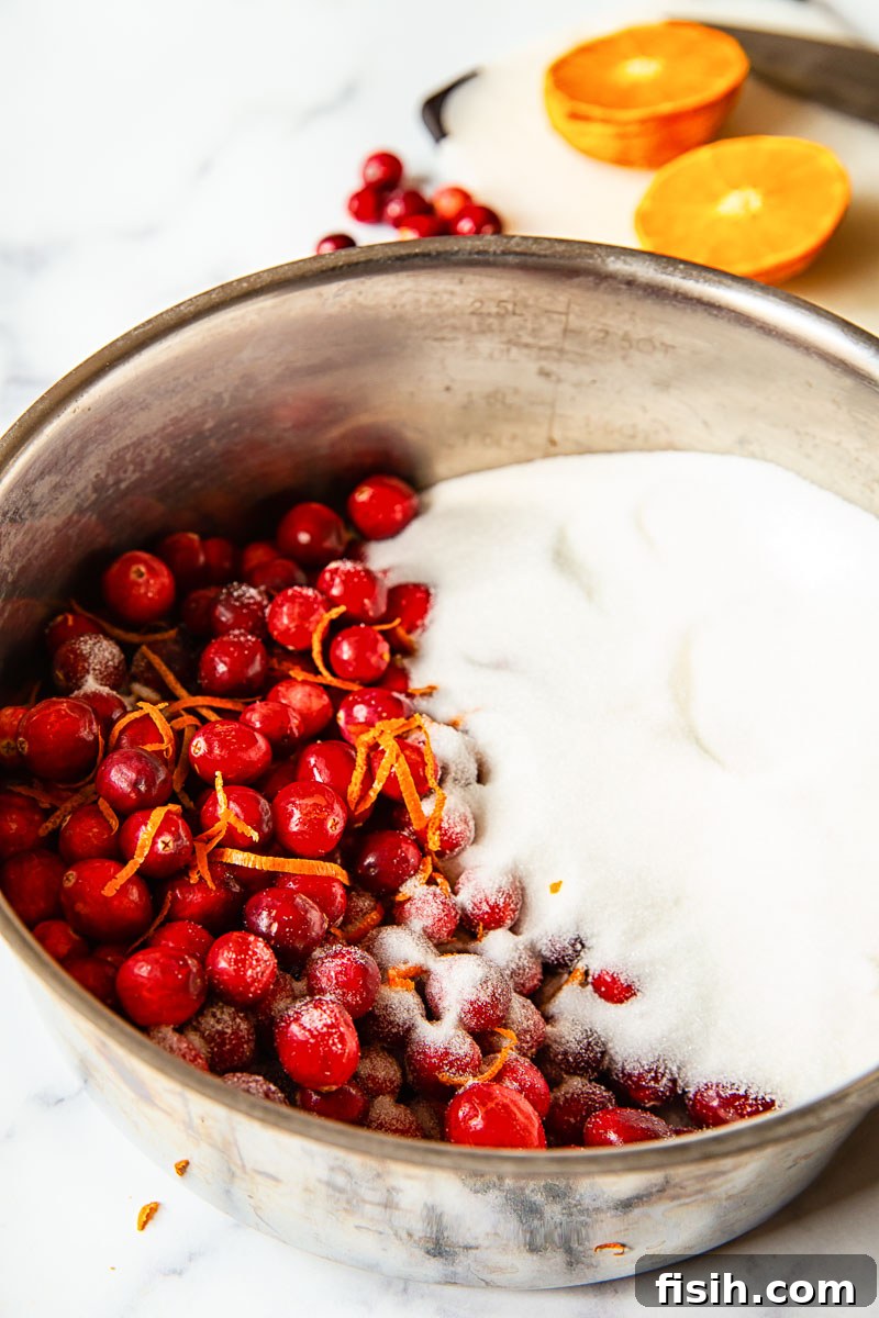 Port Infused Cranberry Sauce 3 Fresh cranberries, sugar, and orange zest simmering in a saucepan, the start of a delicious homemade cranberry sauce.