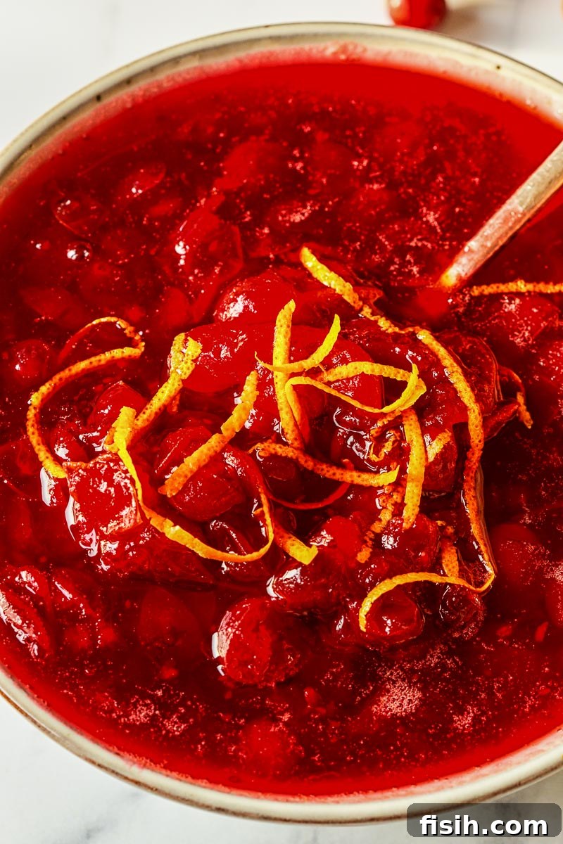 Port Infused Cranberry Sauce 4 Close-up of a bowl of homemade port cranberry sauce, garnished with fresh orange zest.