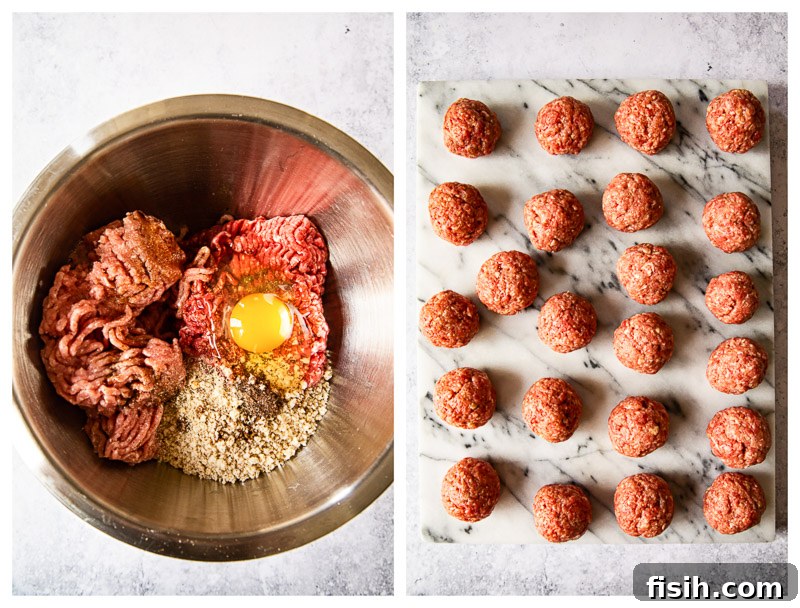 Two process shots showing how to prepare the ground pork and beef mixture for Swedish meatballs.