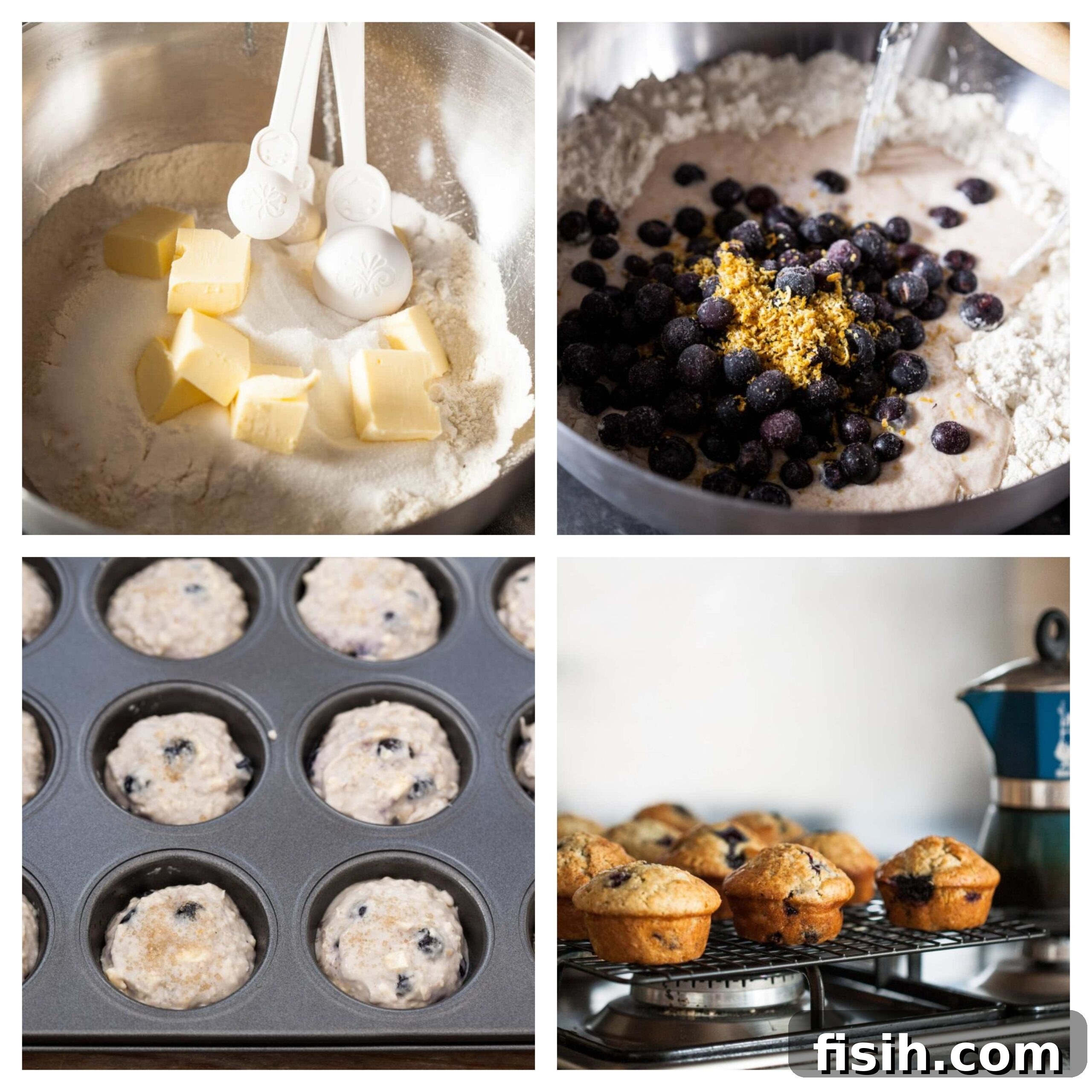 Citrus Burst Blueberry Muffins 3 Process of making blueberry muffins, showing ingredients and batter