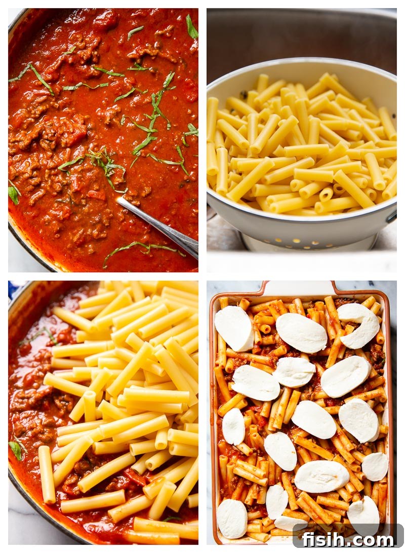 step by step photo collage for baked ziti recipe