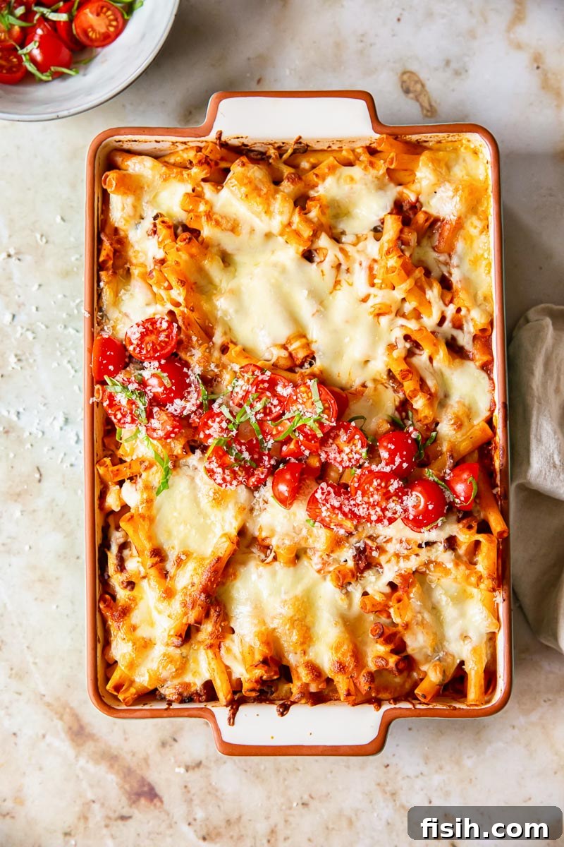 Baked pasta topped with tomato basil salsa