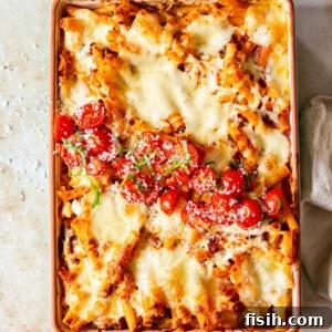 Baked pasta topped with tomato basil salsa