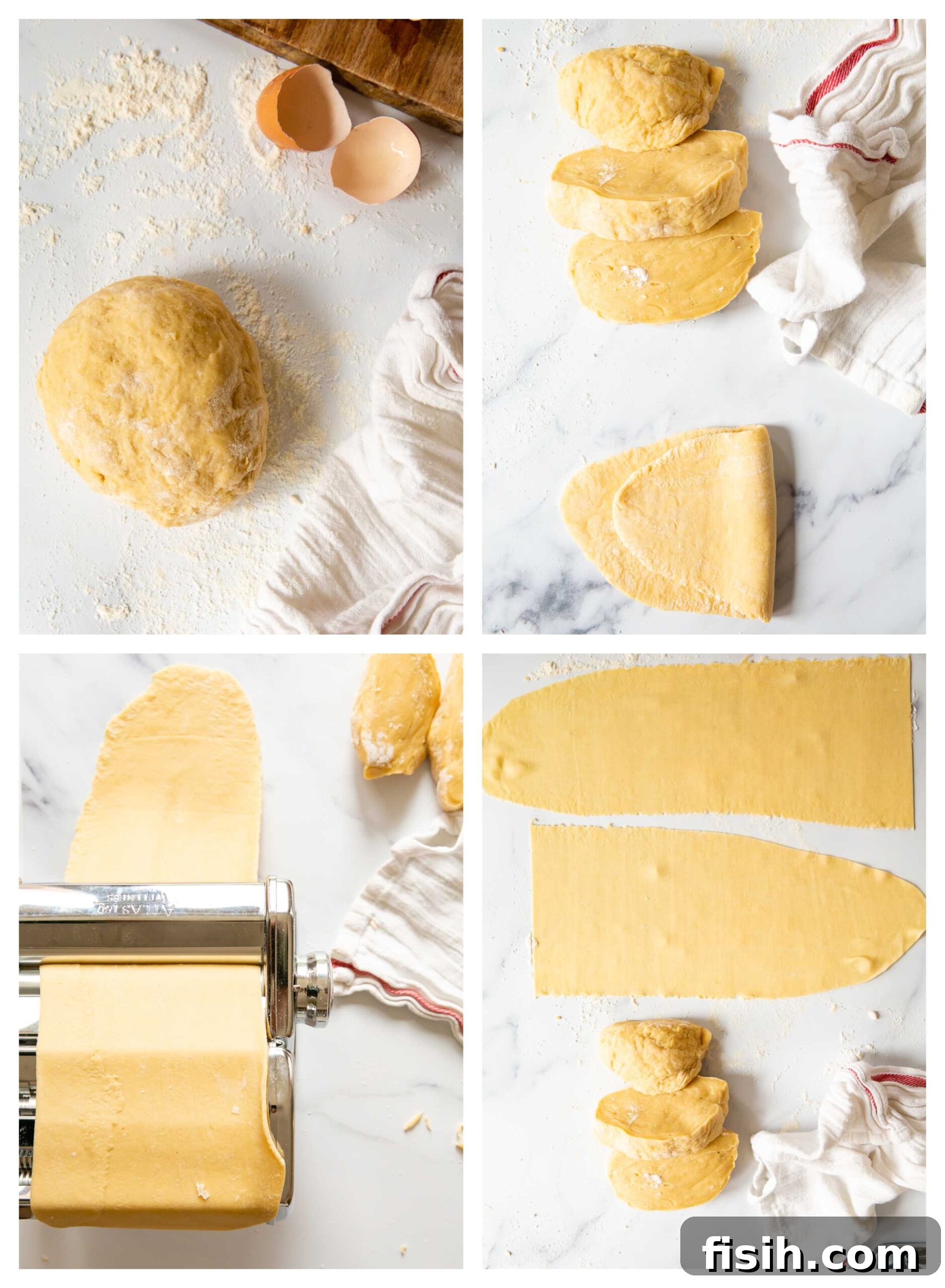 Perfect Fresh Pasta from Scratch 4 Four sequential stages of fresh pasta making, from dough ball to thin sheets