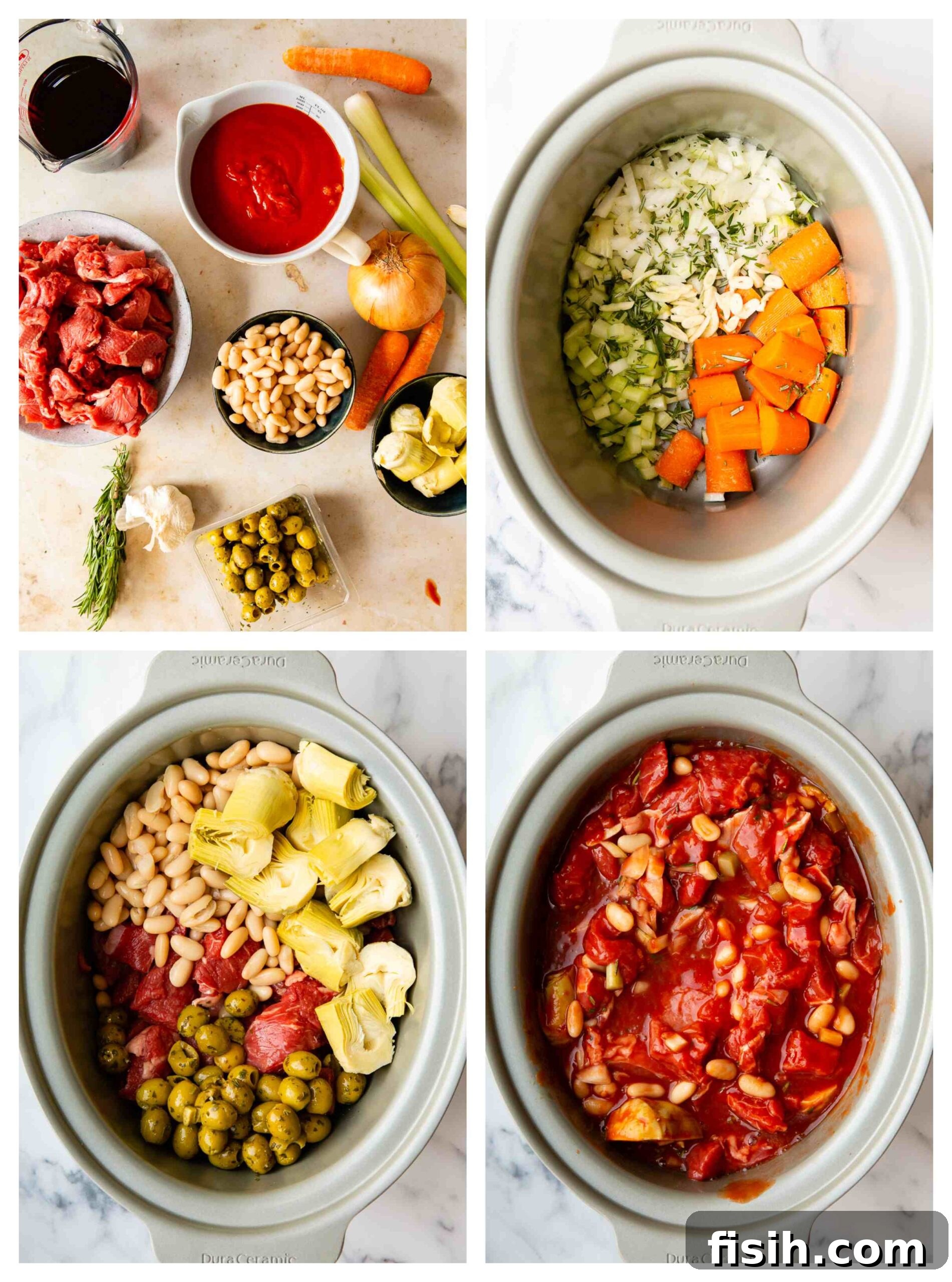 four cooking process images showing how to make it in a slow cooker