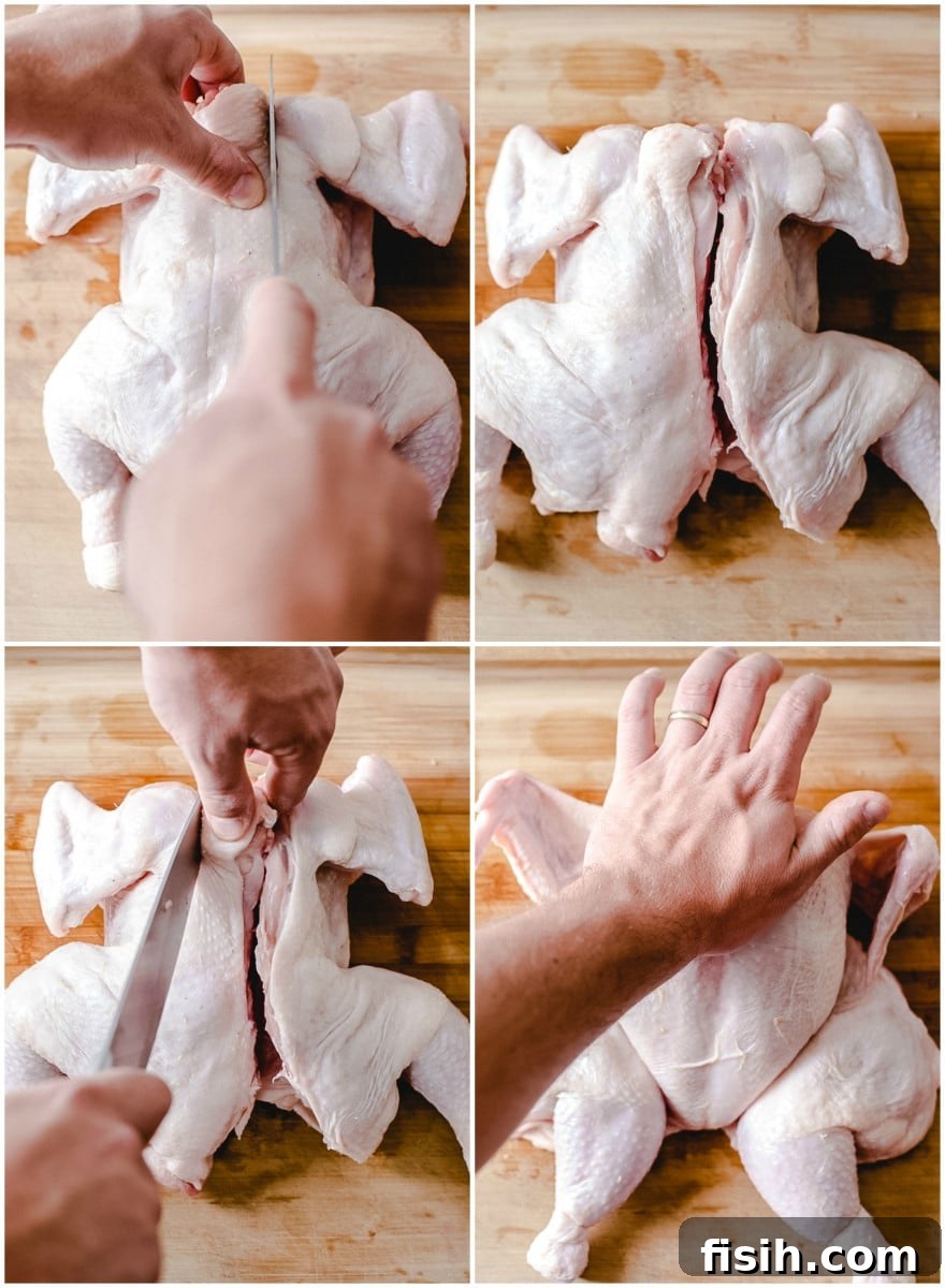 visual guide to spatchcocking a chicken, showing the backbone removal and flattening process
