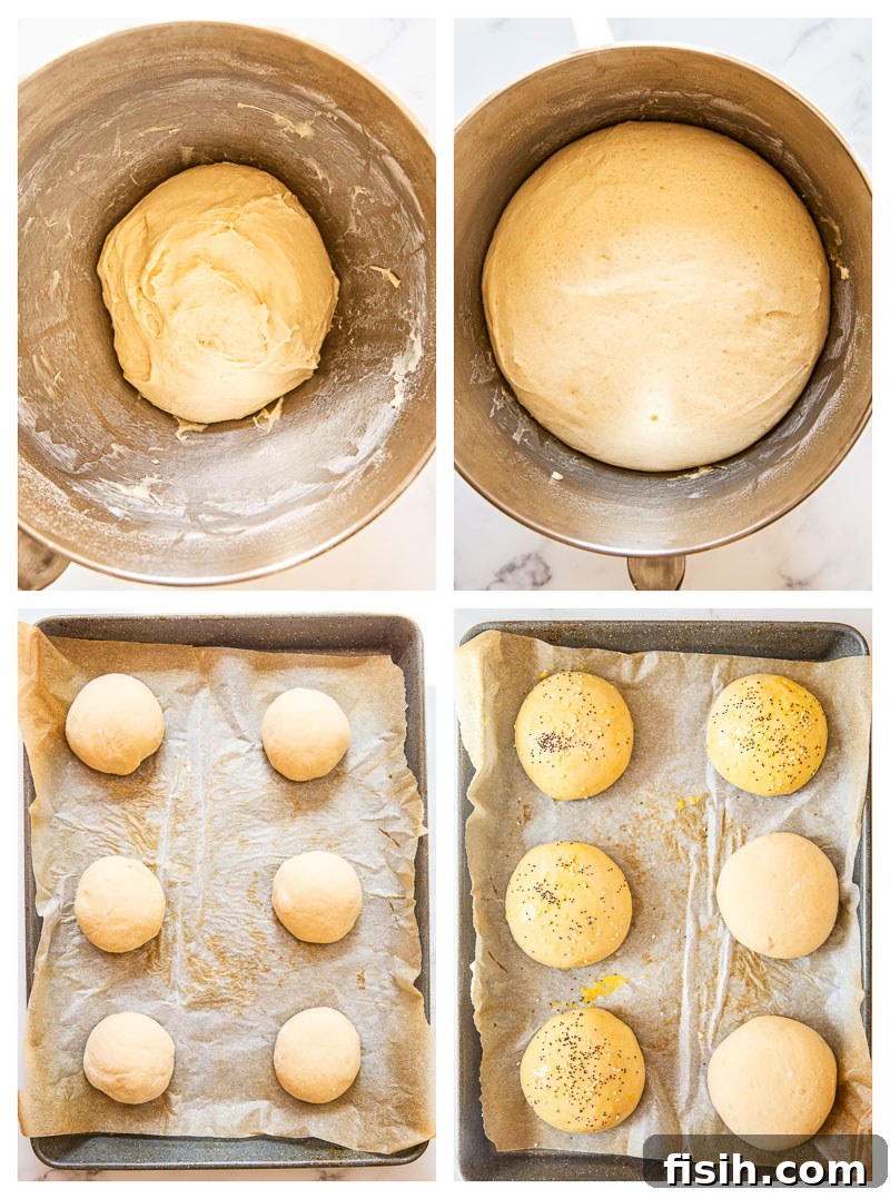 A collage showing the various stages of making homemade burger buns, from dough preparation to shaping.