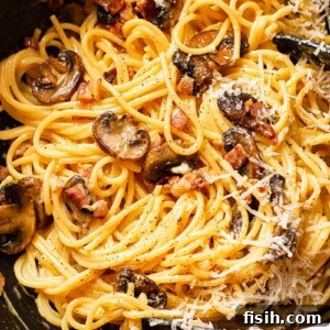 Lightning-Fast Mushroom Carbonara 6 spaghetti carbonara with mushrooms in a pan