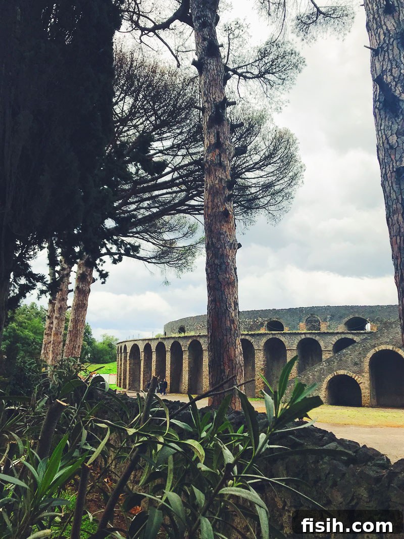 The ancient ruins of Pompeii, Italy, showcasing well-preserved stone structures, intricate frescoes, and pathways, with Mount Vesuvius in the background.
