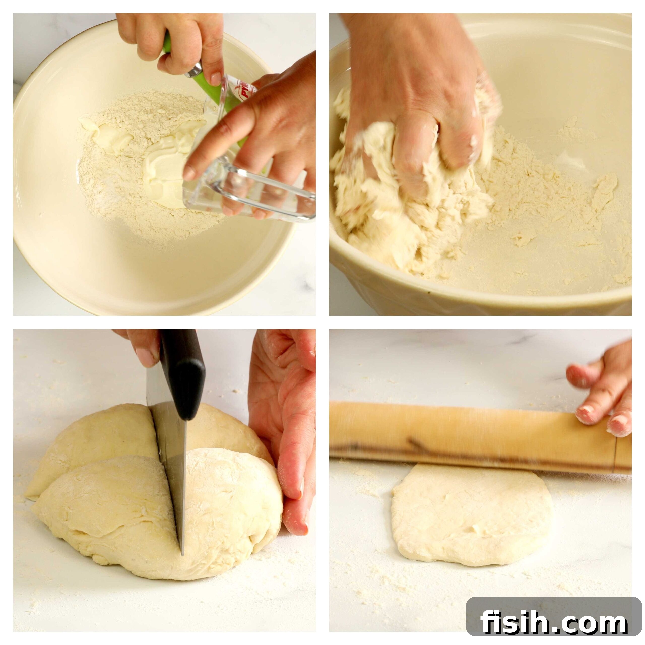 Sequential images showing the process of making flatbread, from dough to rolled circles.