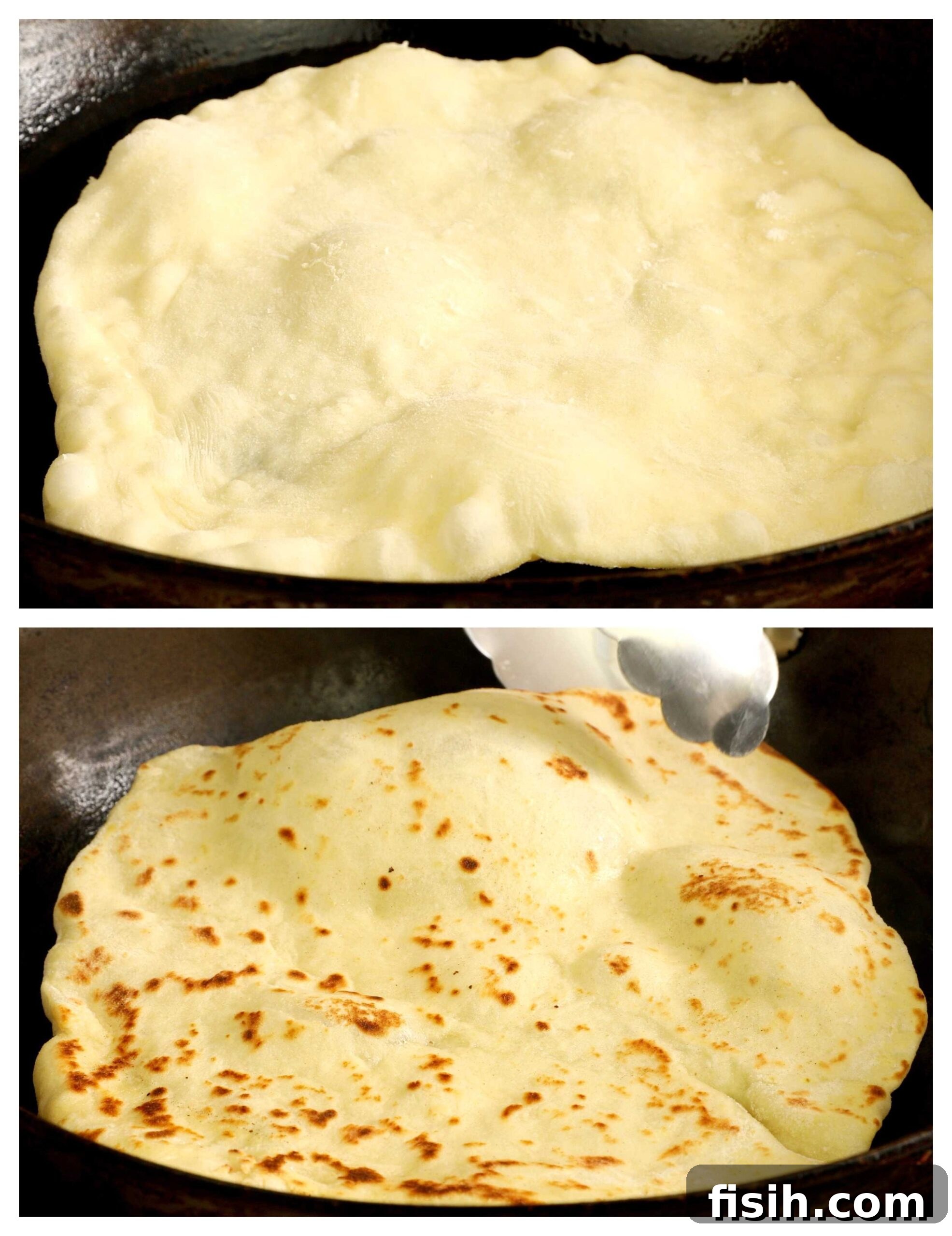 Close-up images showing flatbread cooking on a hot skillet, bubbling up as it cooks.