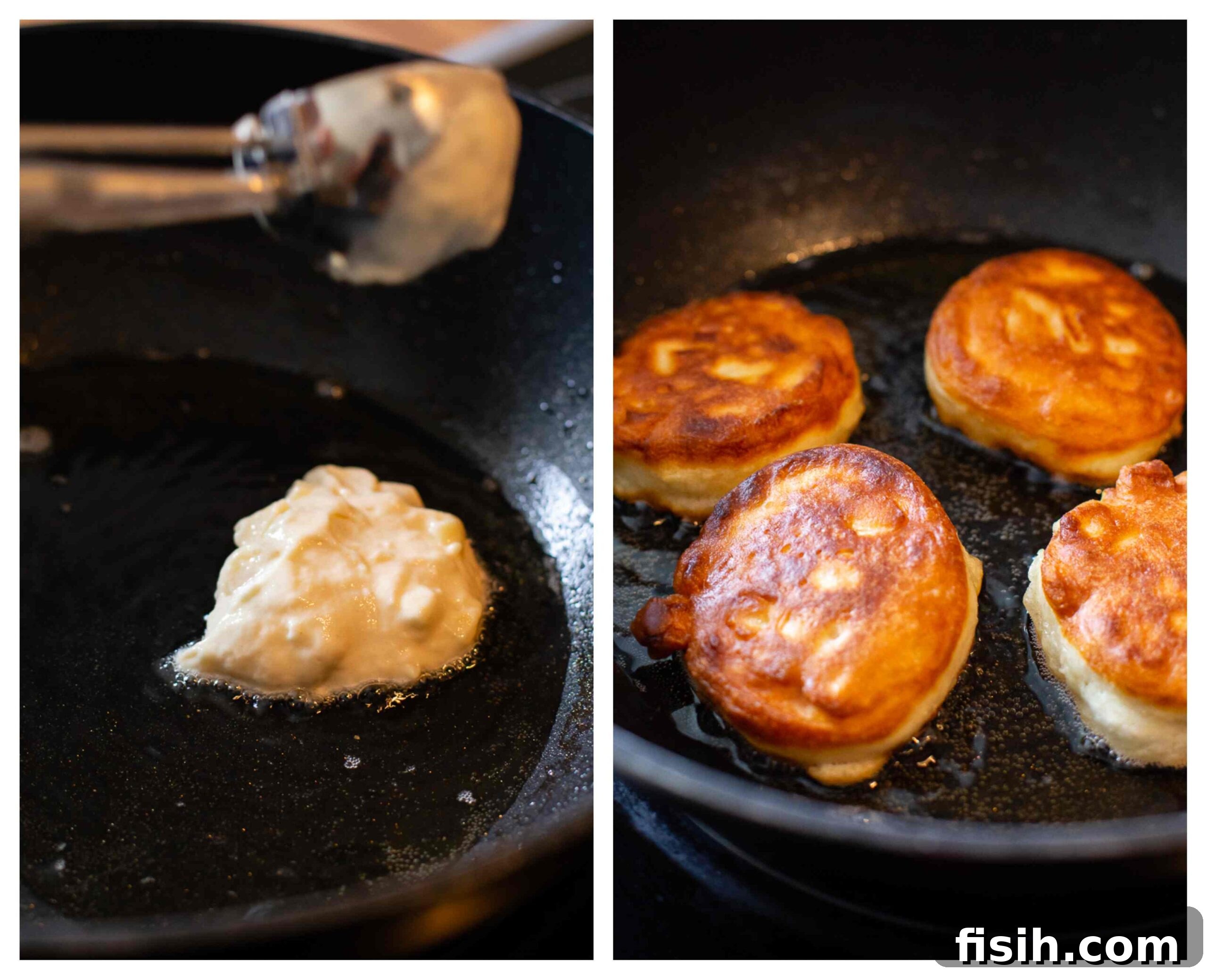 Fritters cooking process images showing frying of the fritters