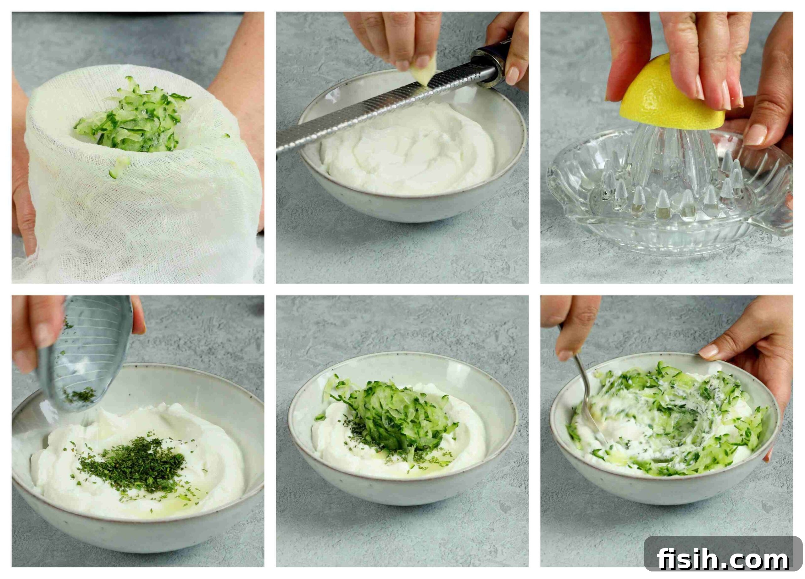 Authentic Greek Tzatziki Recipe 4 A visual guide showing the cooking stages for making authentic Greek Tzatziki, from fresh ingredients to the finished dip.