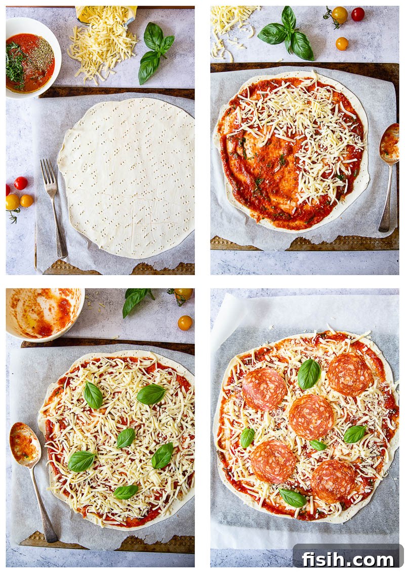 Crispy Puff Margherita 5 Process shot of various toppings being carefully arranged onto the pizza dough, ready for baking