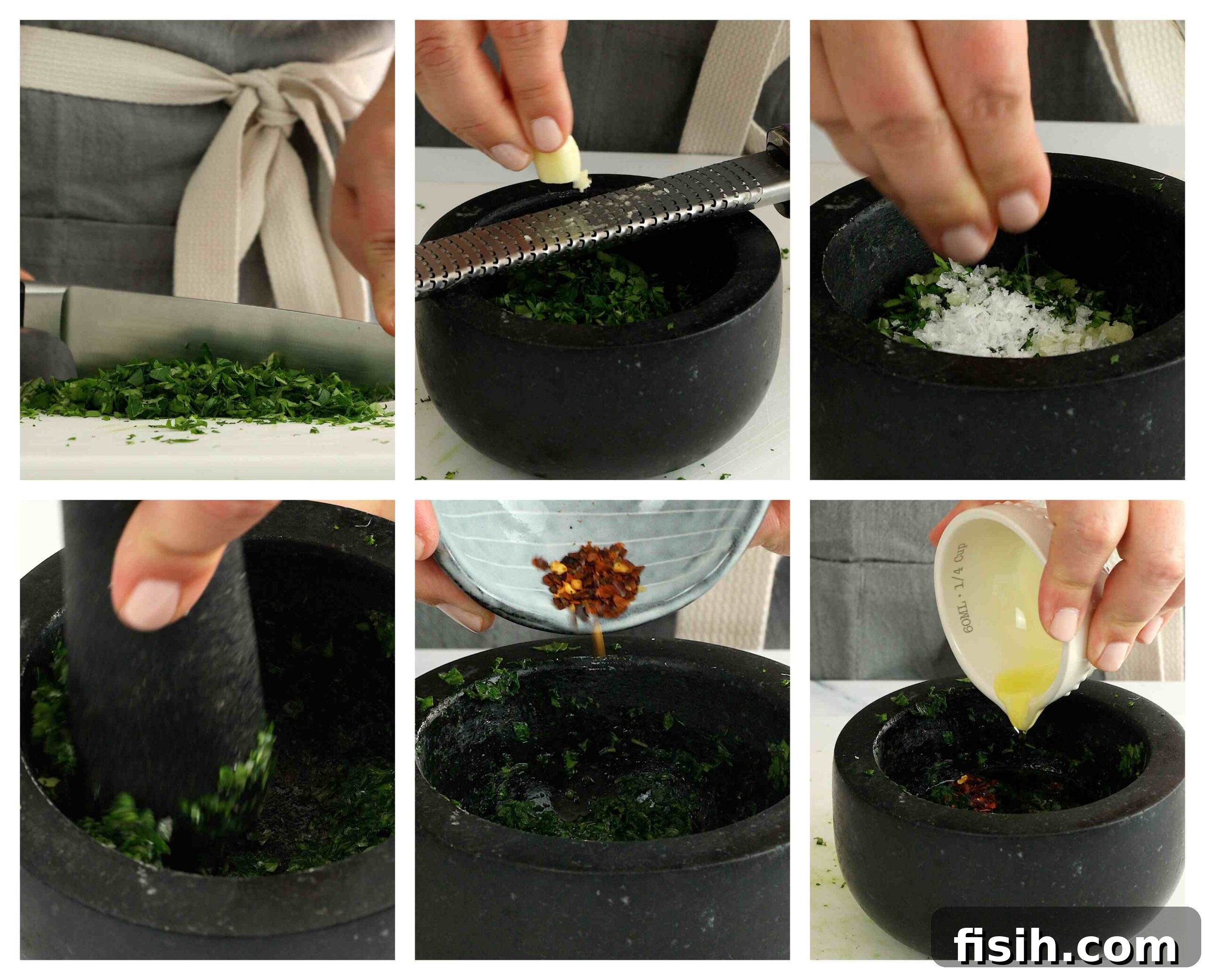 Step-by-step process images showing how to prepare Sicilian Salmoriglio sauce with fresh herbs, garlic, and lemon.