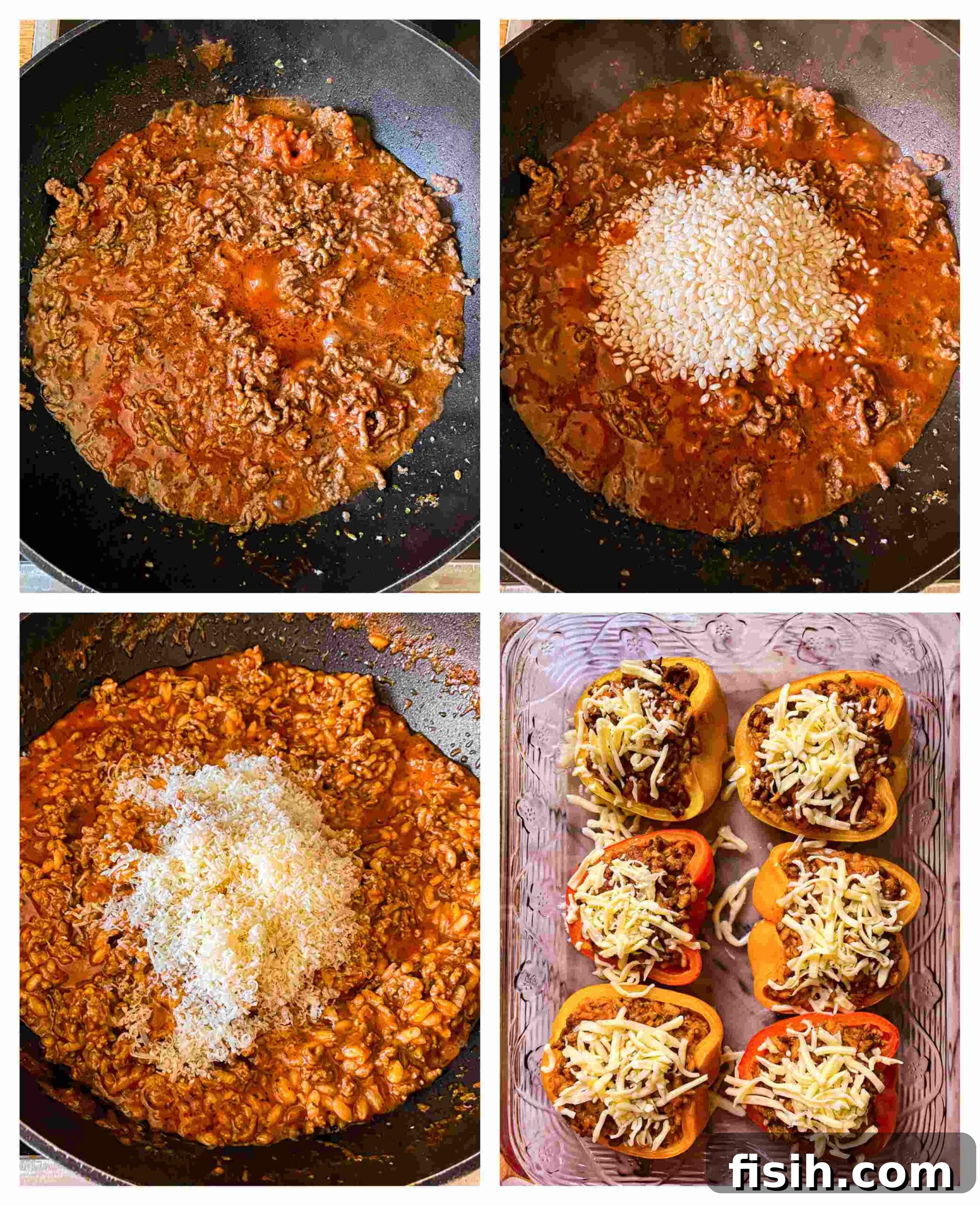 A four-panel process image showing the steps to prepare Italian stuffed peppers: halving peppers, cooking risotto, stuffing peppers, and baking.