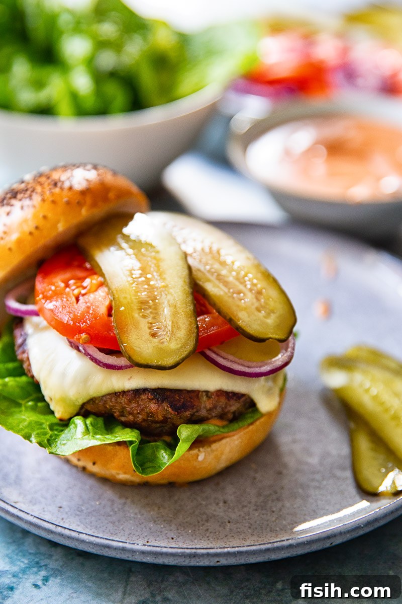 a burger topped with cheese, sliced onion, tomato and pickles resting on the bottom half of a bun