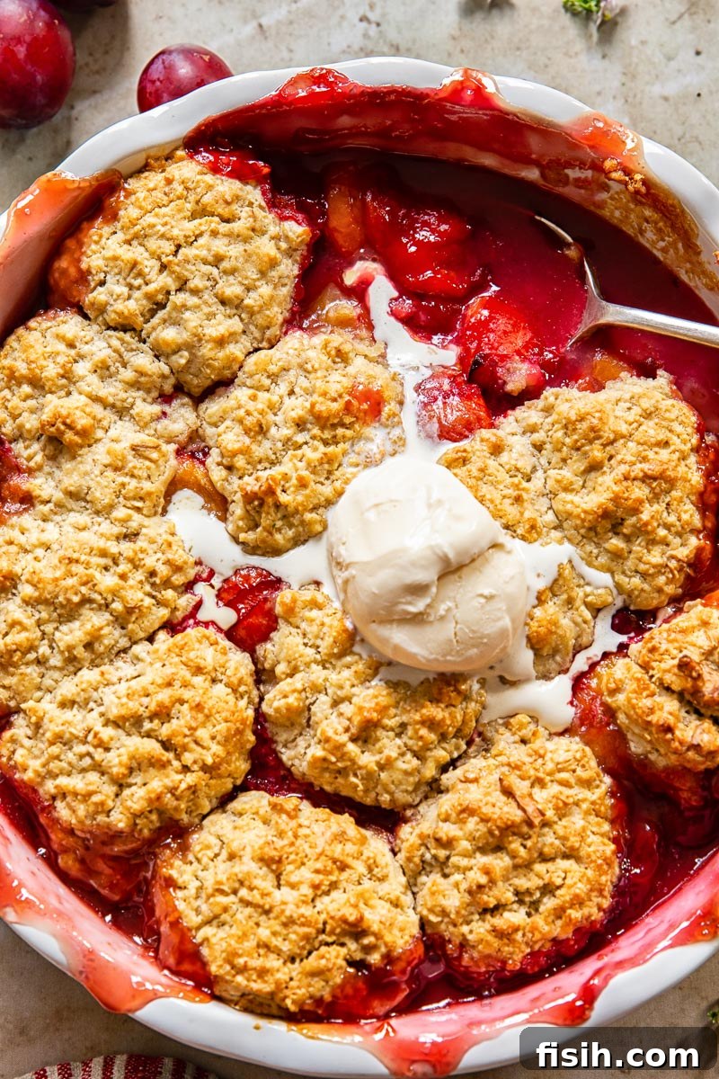 A warm plum cobbler crowned with a scoop of melting vanilla ice cream, ready to be enjoyed.
