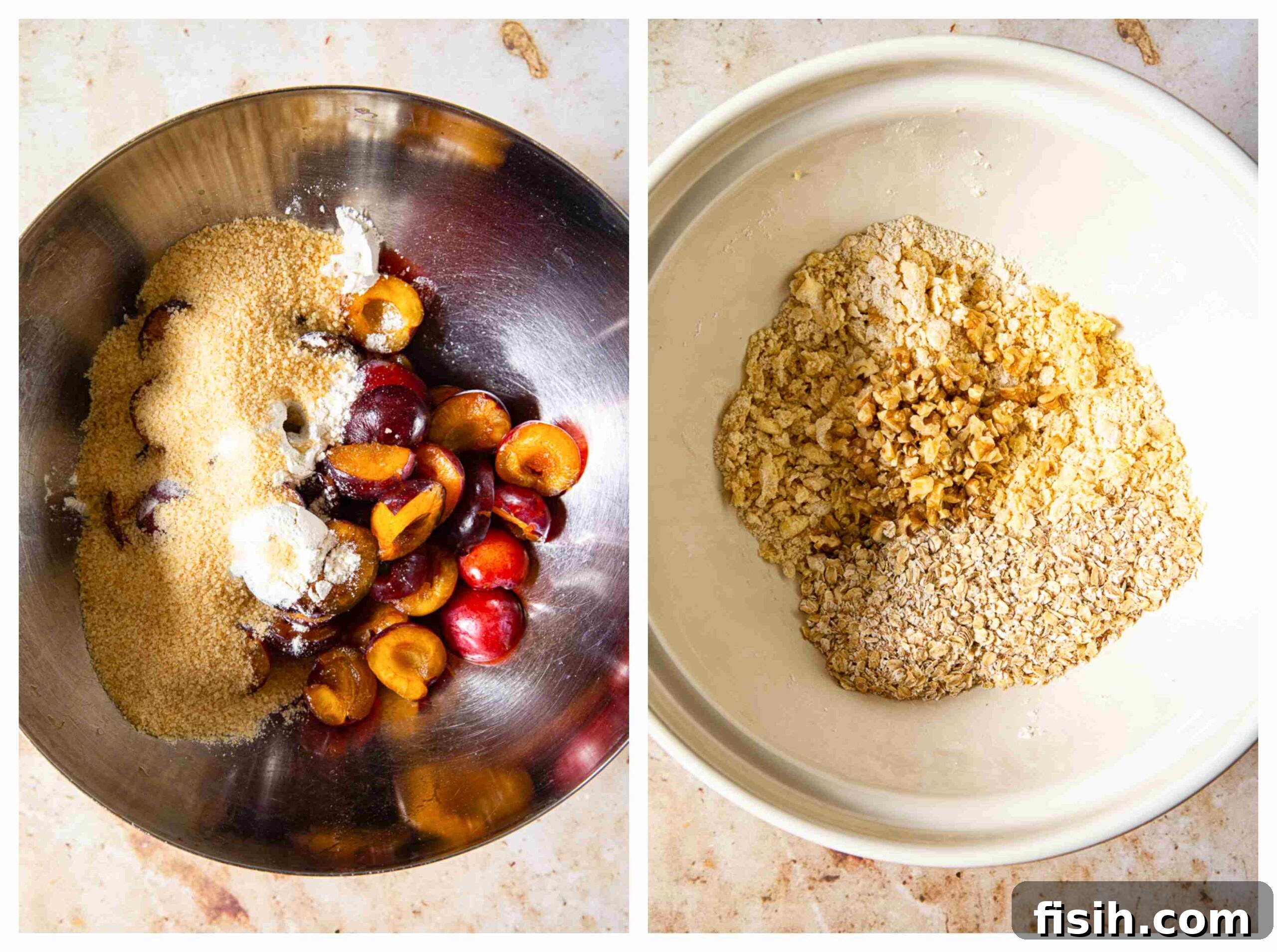 A collage of process photos showing plums being halved and combined with sugar, and the cobbler topping being prepared.