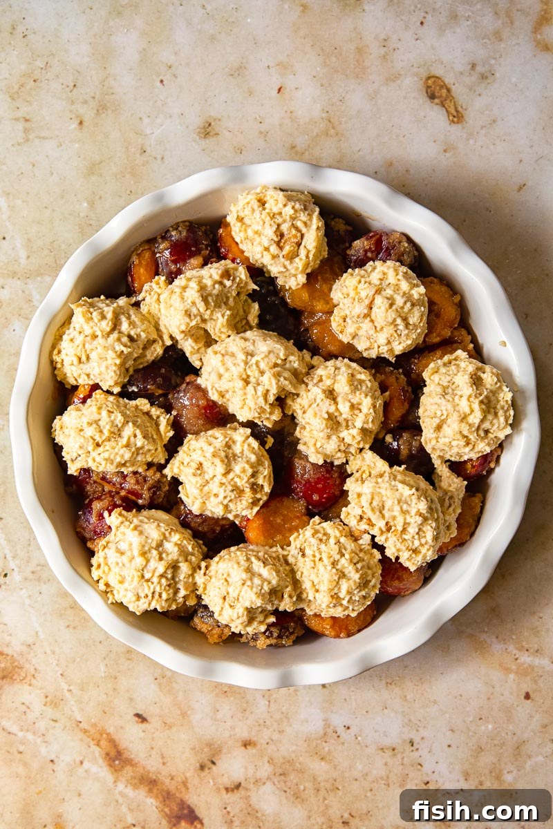 An unbaked plum cobbler in a pie dish, with dollops of topping visible over the plum filling.