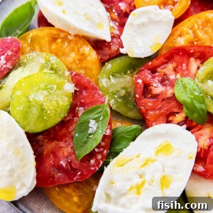 Caprese Dream: Juicy Tomatoes, Aromatic Basil, Creamy Mozzarella 6 caprese salad on grey plate with vibrant heirloom tomatoes