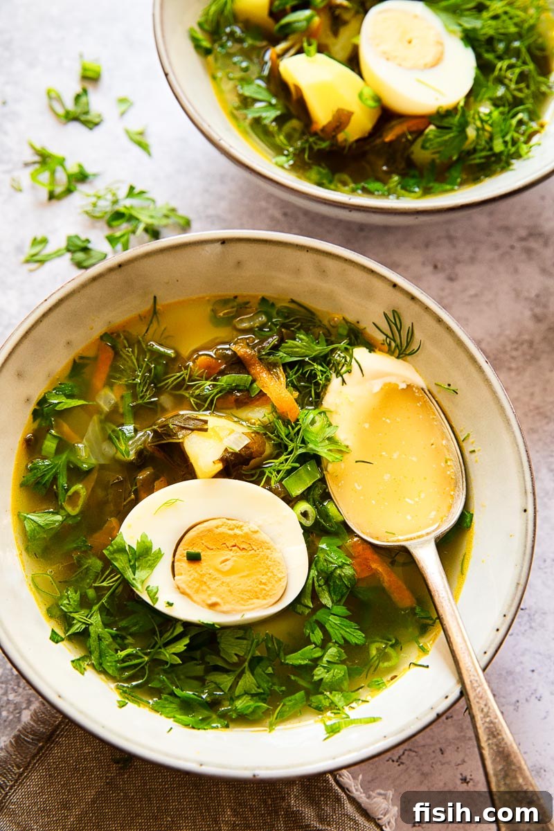 soup topped with greens and a hard boiled egg