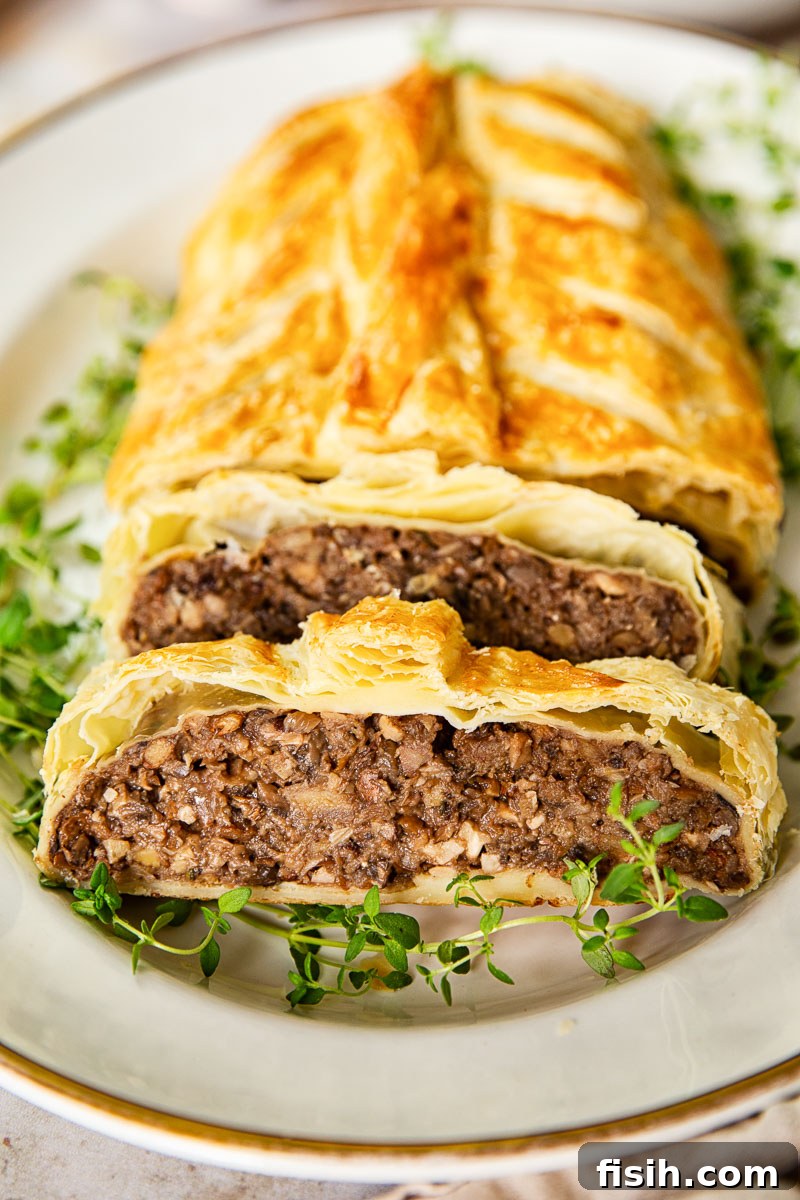 mushroom wellington on white platter with gold rim