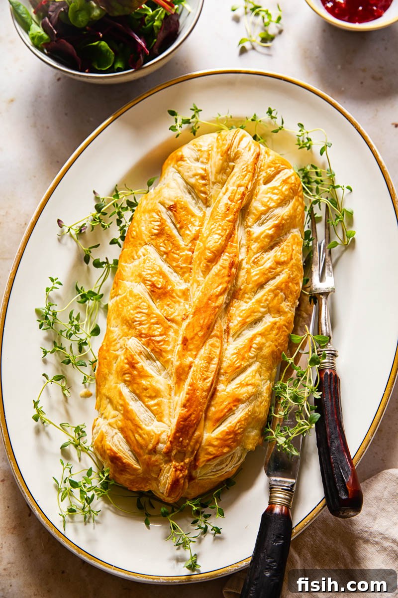 vegetarian Wellington on white platter, salad in bowl, cranberry sauce