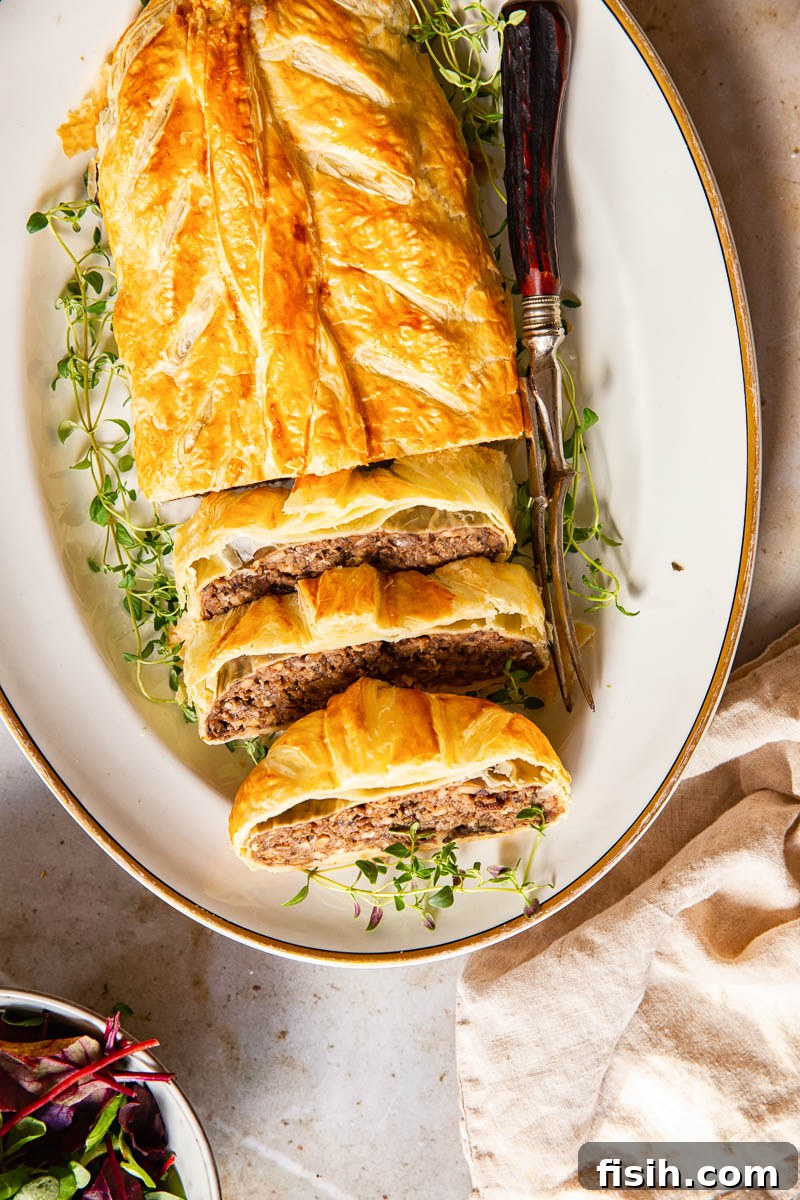top down view of sliced Mushroom Wellington on while platter