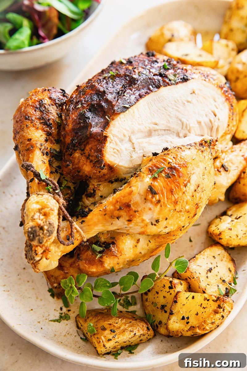 Platter of perfectly roasted whole chicken surrounded by crispy potatoes, ready to serve.