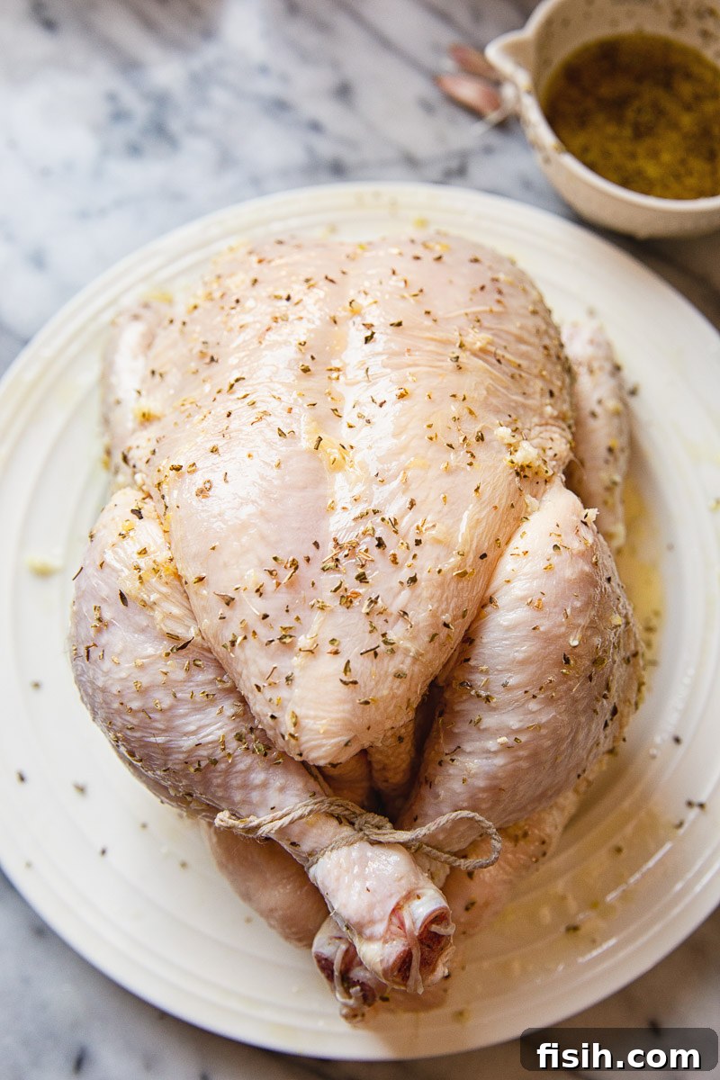 Raw whole chicken covered generously in a vibrant Greek marinade, ready for air frying.