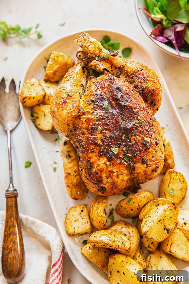 Close-up, top-down view of a beautifully roasted whole chicken with crispy golden skin, surrounded by herbs.