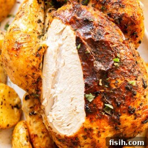 Slices of roast chicken showing tender white meat, served with crispy skin.