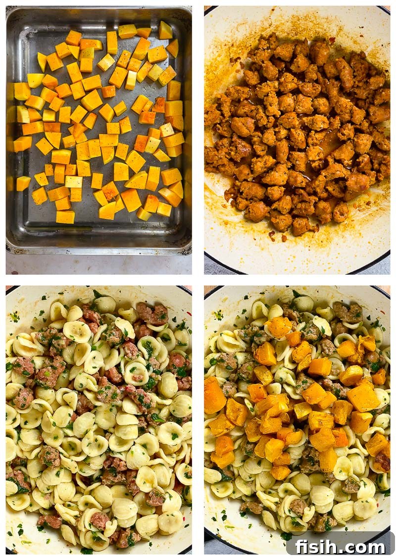 Step-by-step process images for making Orecchiette with Chorizo Sausage and Roasted Butternut Squash.