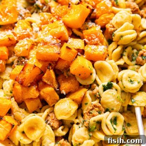 Orecchiette pasta with chorizo sausage and roasted butternut squash