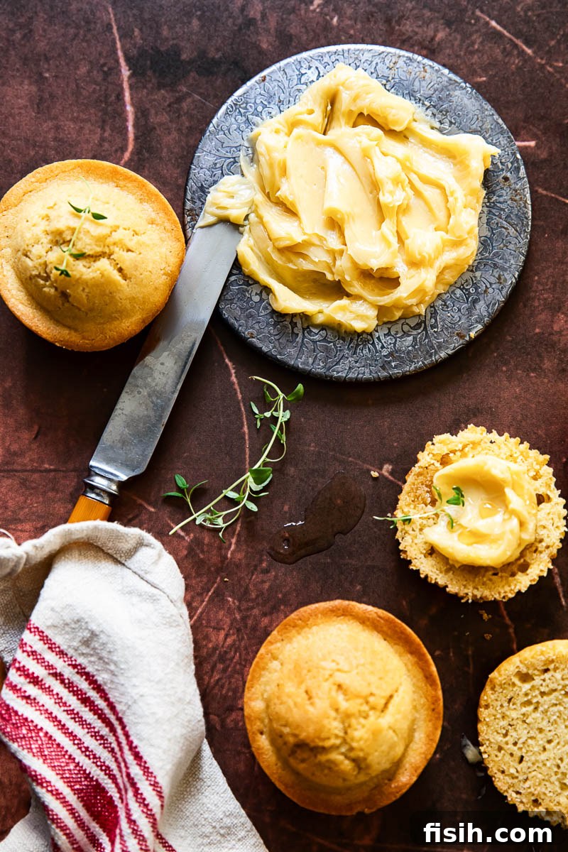 Effortless Maple Butter Cornbread Muffins 3 A small dish of creamy maple butter with a butter knife beside it, and several golden corn muffins resting on a linen napkin, creating an inviting breakfast scene.