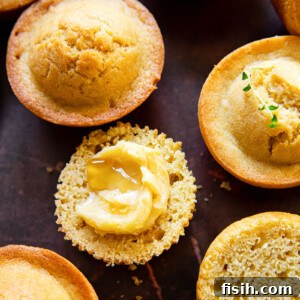 Effortless Maple Butter Cornbread Muffins 5 golden corn muffins on a dark background