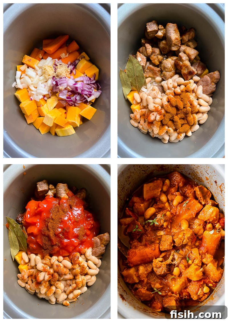 A step-by-step visual guide showing the preparation stages of the hearty slow cooker campfire stew recipe.
