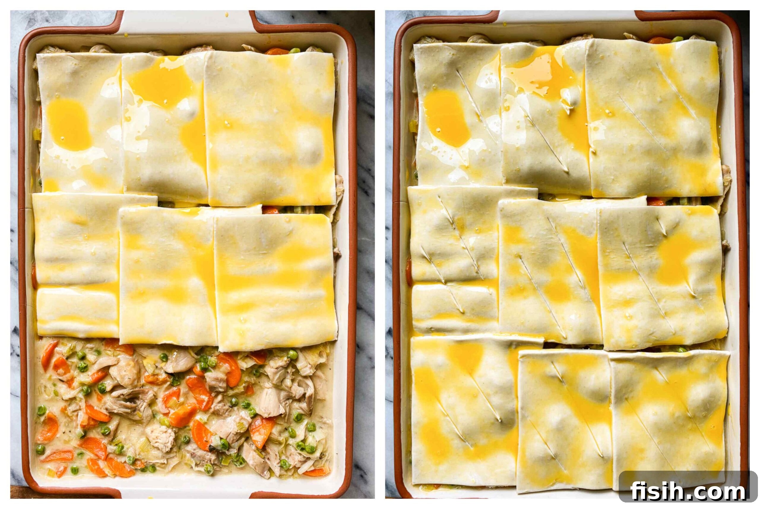 Collage of turkey pot pie images, showing ingredients and final dish